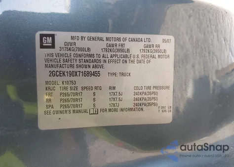 2007 Chevrolet Silverado 1500 Lt1 z USA, uszkodzony, nr VIN 2GCEK190X71689455